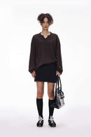 Waffle V-Neck Long Sleeve Tee - Chocolate