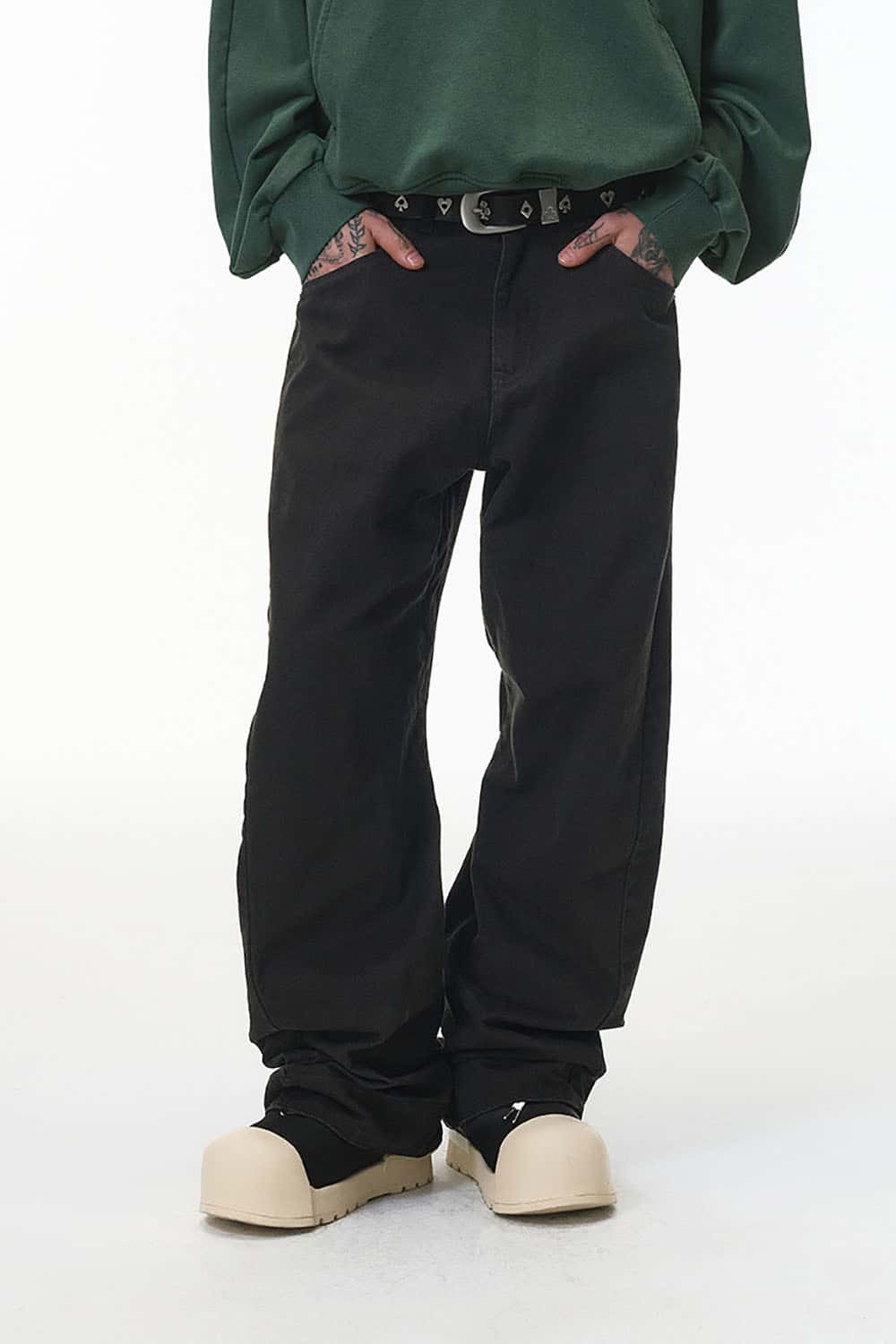 Washed 3D Curved Vintage Workwear Pants _ Relaxed Fit Distressed Casual Trousers