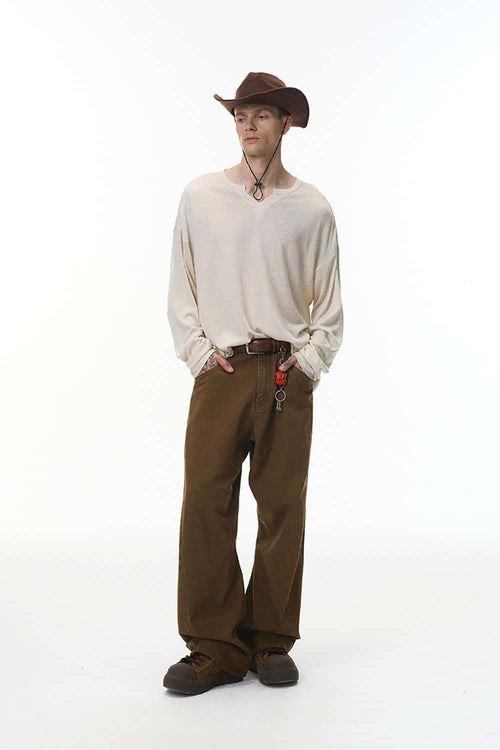 Washed 3D Curved Cargo Pants - Brown