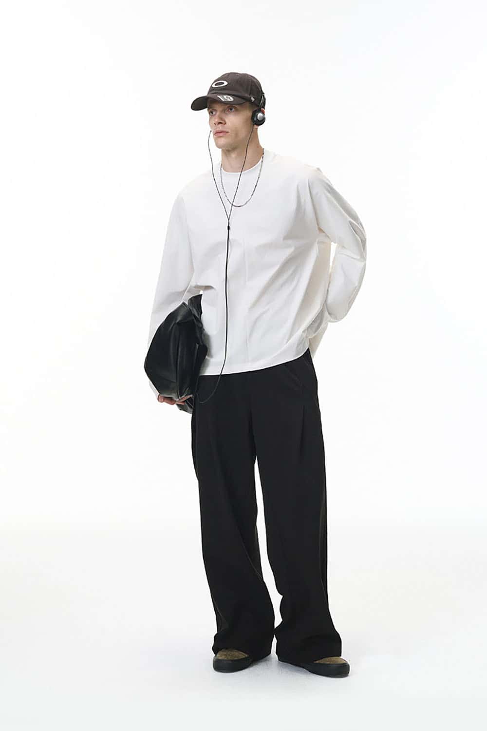 Twill Deconstructed Wide-Leg Pants _ Relaxed Fit Curved Seam Casual Trousers