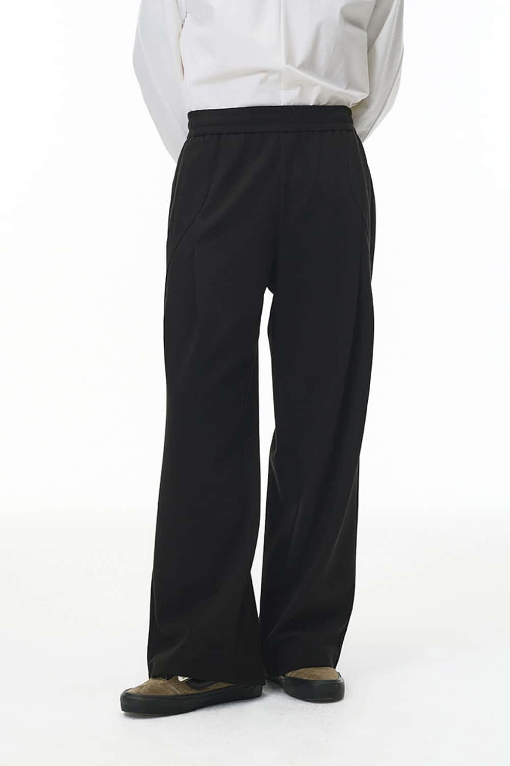 Twill Deconstructed Wide-Leg Pants _ Relaxed Fit Curved Seam Casual Trousers