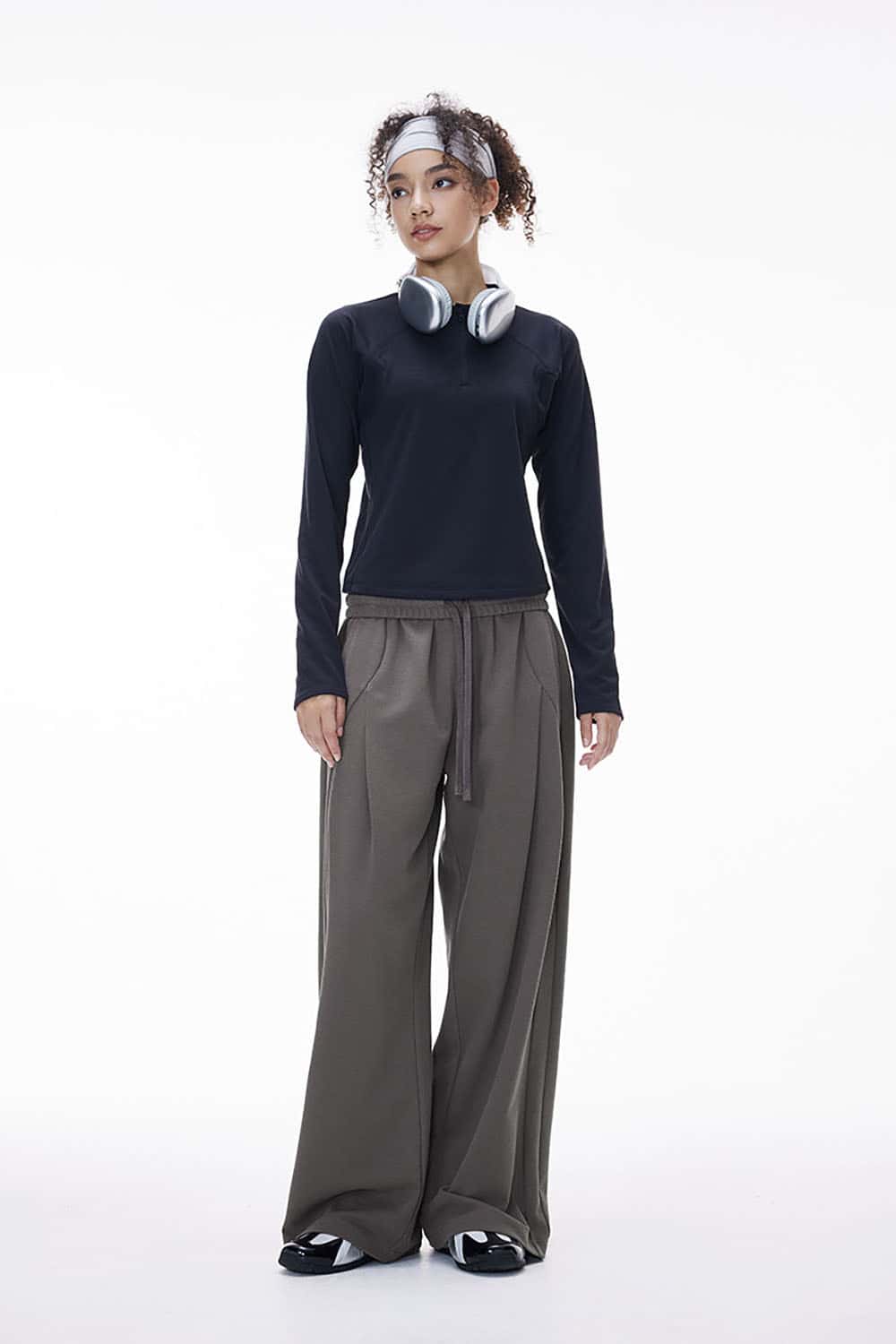 Twill Deconstructed Wide-Leg Pants _ Relaxed Fit Curved Seam Casual Trousers