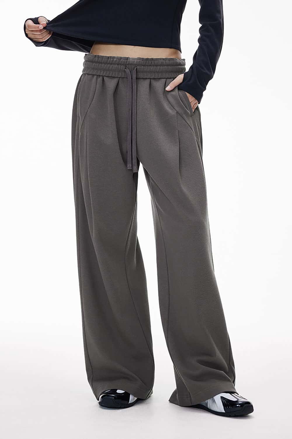 Twill Deconstructed Wide-Leg Pants _ Relaxed Fit Curved Seam Casual Trousers