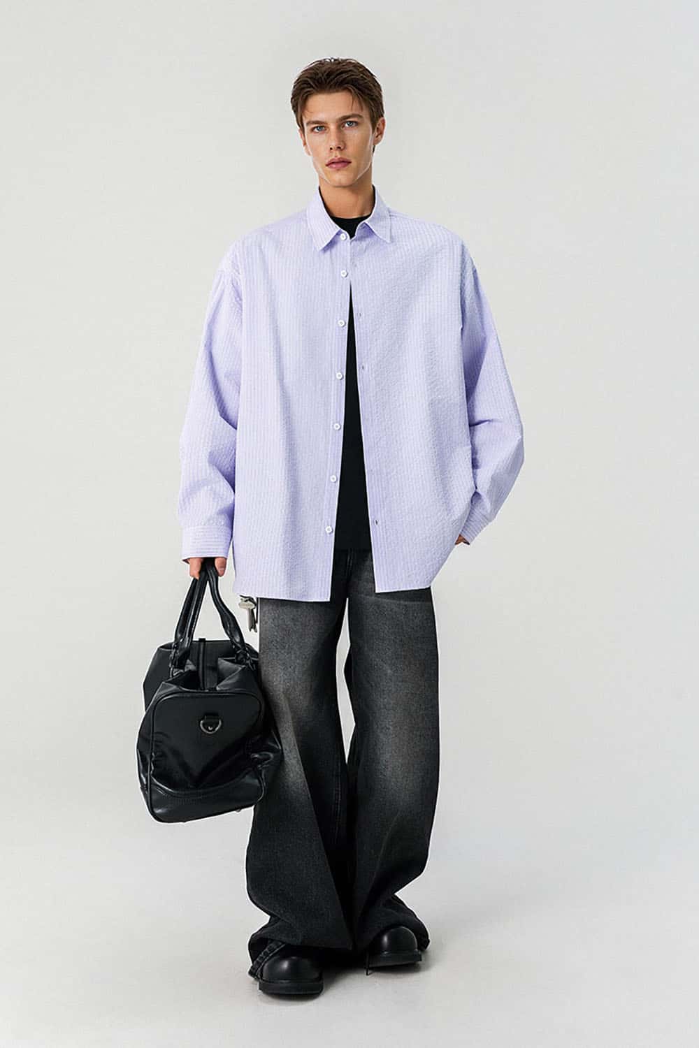 Windproof Striped Lightweight Shirt _ Relaxed Fit Collared Button-Up Cardigan