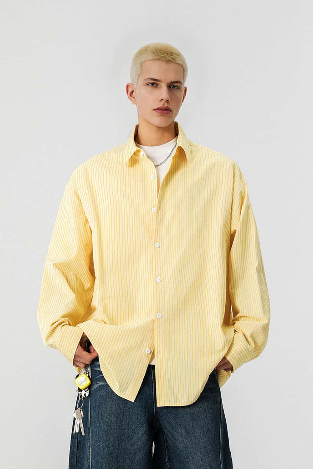 Windproof Striped Lightweight Shirt _ Relaxed Fit Collared Button-Up Cardigan