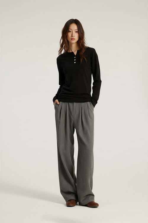 Breathable Lyocell Henley Long-Sleeve Tee - Black