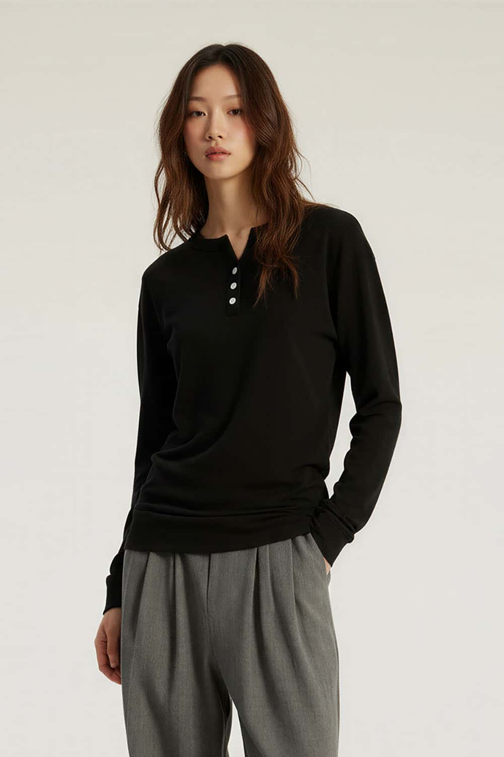 Lyocell Henley Neck Long Sleeve T-Shirt _ Fitted Waist Lightweight Base Layer