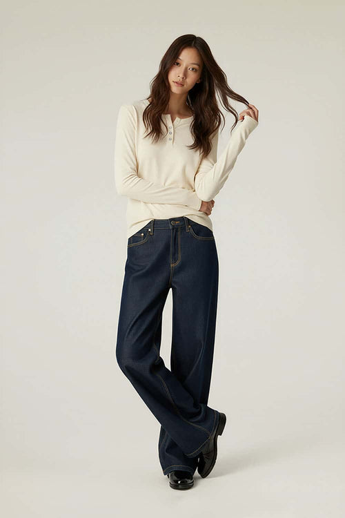 Breathable Lyocell Henley Long-Sleeve Tee - Rice Apricot