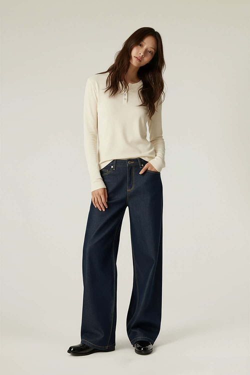 Breathable Lyocell Henley Long-Sleeve Tee - Rice Apricot