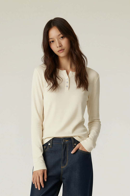 Breathable Lyocell Henley Long-Sleeve Tee - Rice Apricot