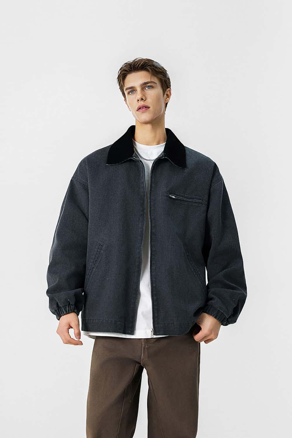 Washed Denim Jacket _ Vintage Contrast Collar Relaxed Fit Casual Outerwear