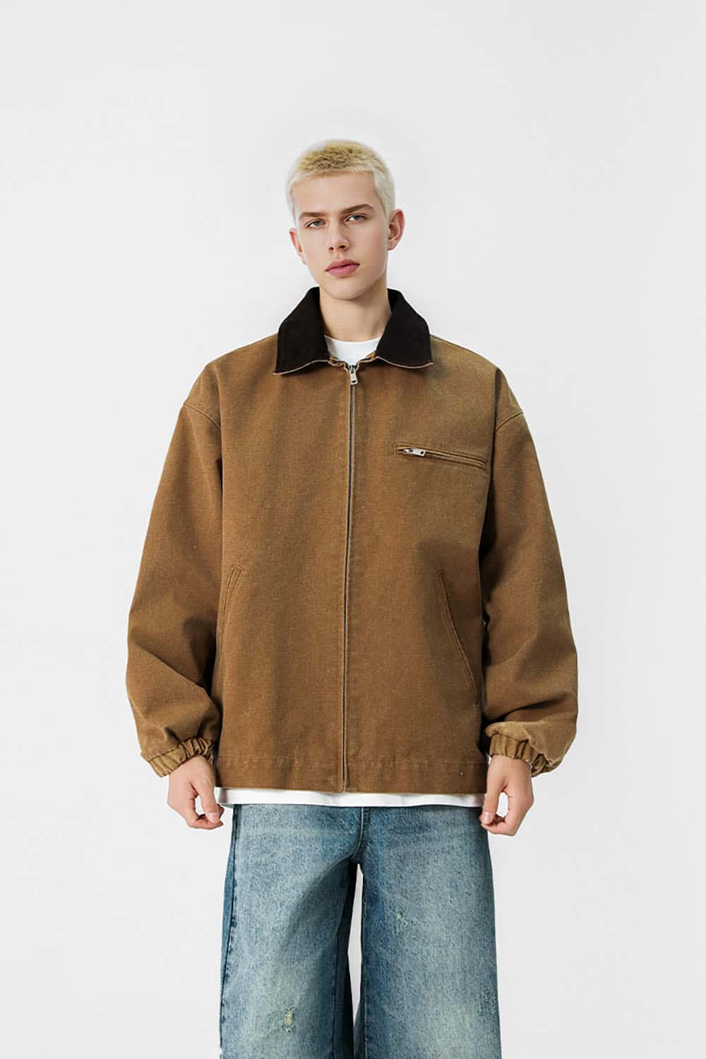 Washed Denim Jacket _ Vintage Contrast Collar Relaxed Fit Casual Outerwear