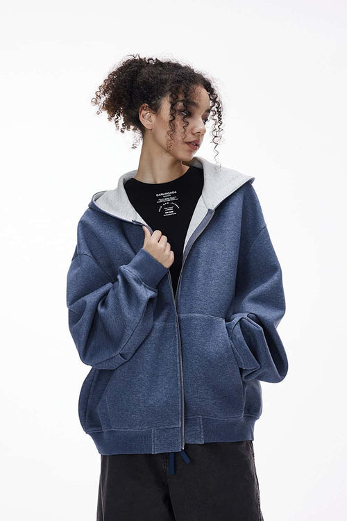 Reversible Contrast Zip Cropped Hoodie - Denim Blue