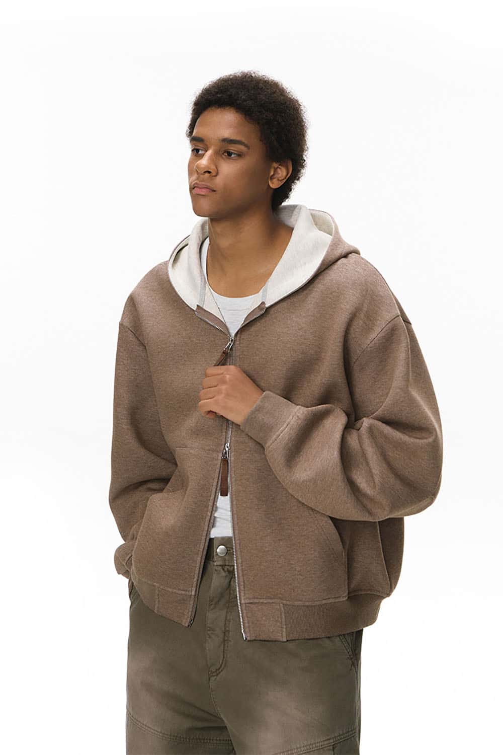 Double-Sided Zipper Contrast Short Hooded Sweatshirt _ Relaxed Fit Zip-Up Hoodie