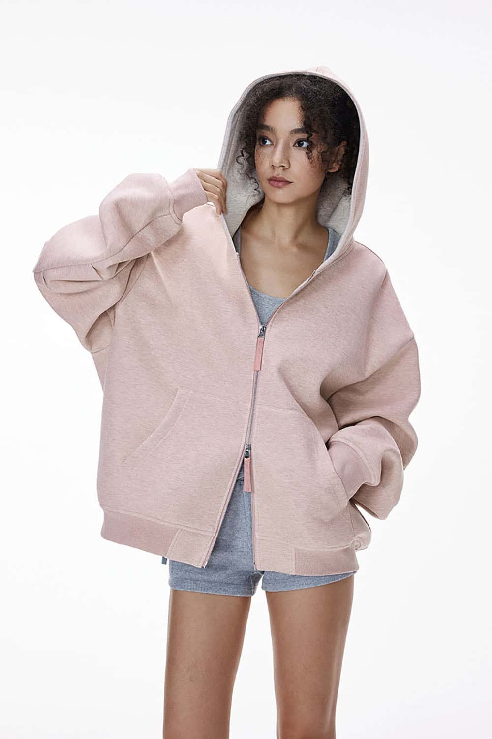 Double-Sided Zipper Contrast Short Hooded Sweatshirt _ Relaxed Fit Zip-Up Hoodie