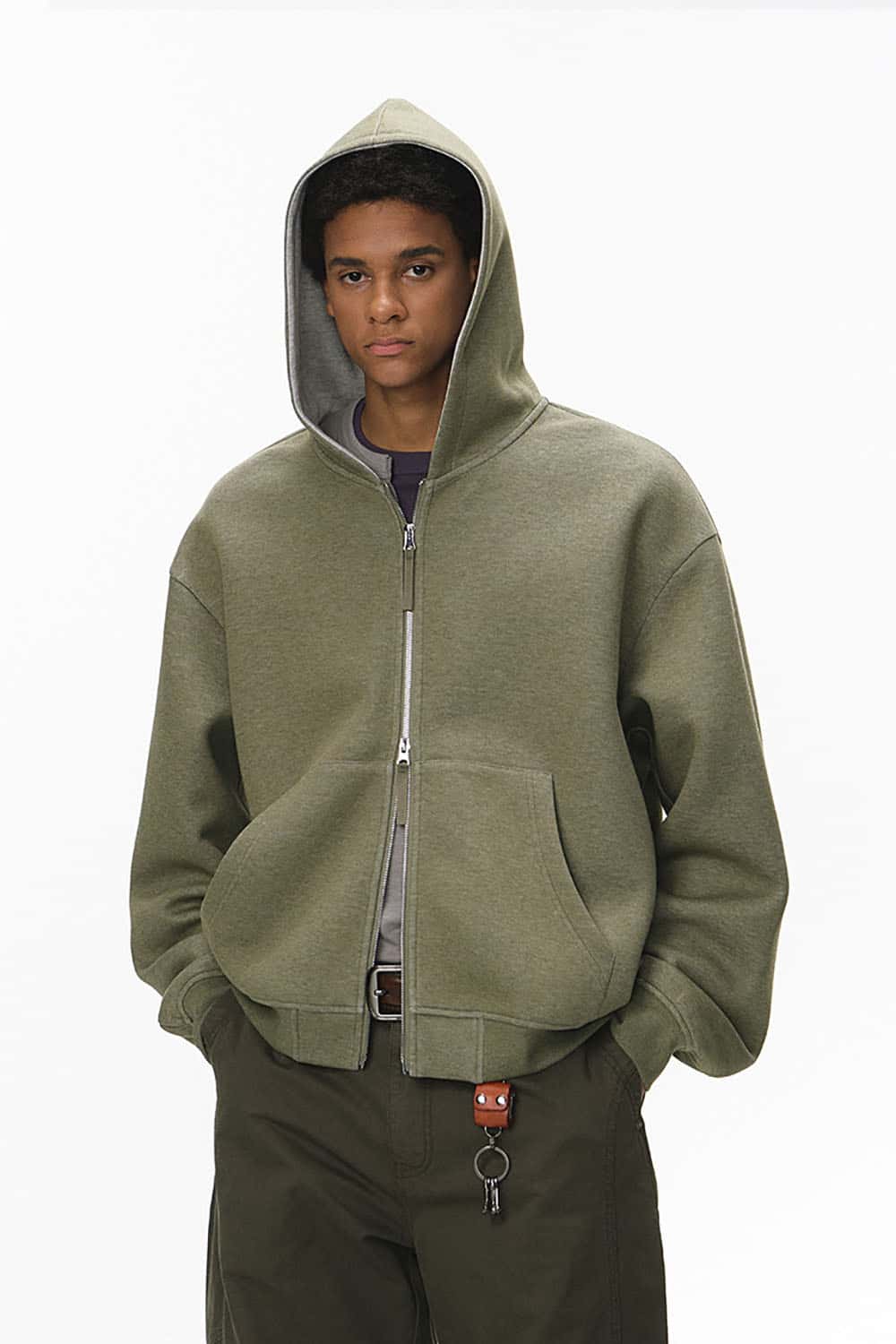 Double-Sided Zipper Contrast Short Hooded Sweatshirt _ Relaxed Fit Zip-Up Hoodie