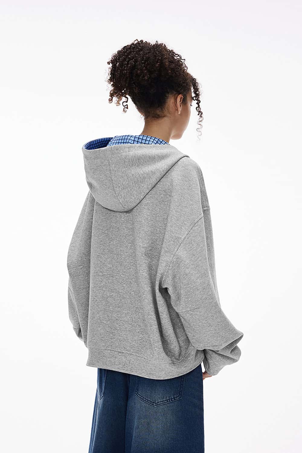 Plaid Contrast Short Hooded Sweatshirt _ Relaxed Fit Zip-Up Casual Jacket