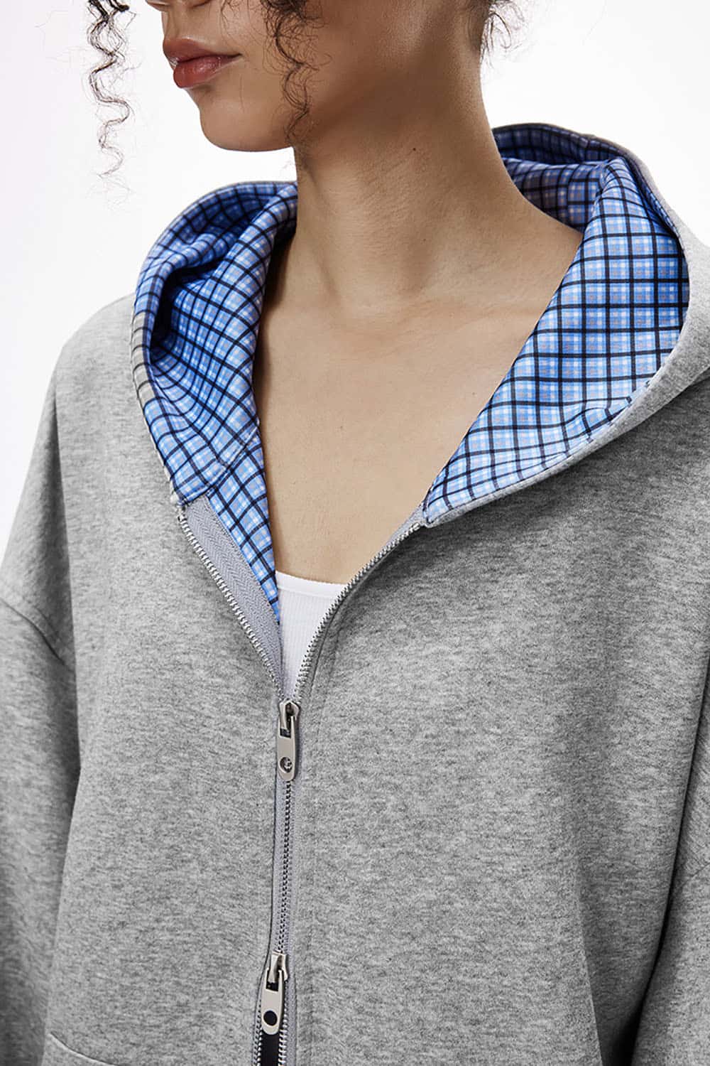 Plaid Contrast Short Hooded Sweatshirt _ Relaxed Fit Zip-Up Casual Jacket