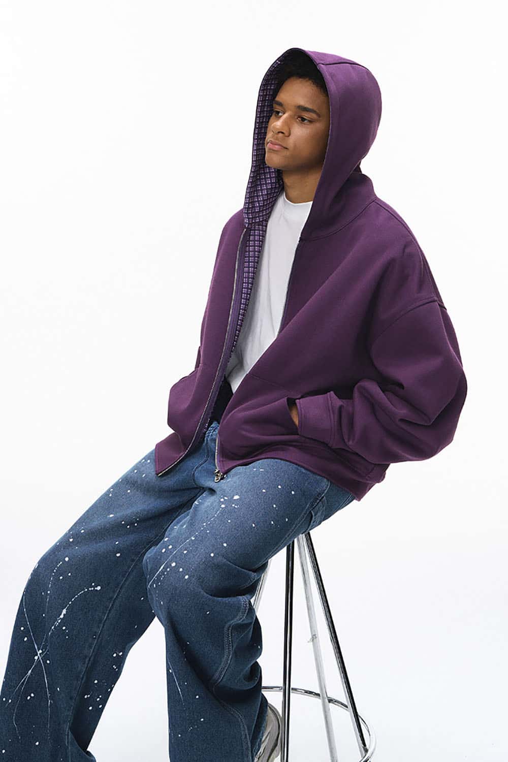 Plaid Contrast Short Hooded Sweatshirt _ Relaxed Fit Zip-Up Casual Jacket