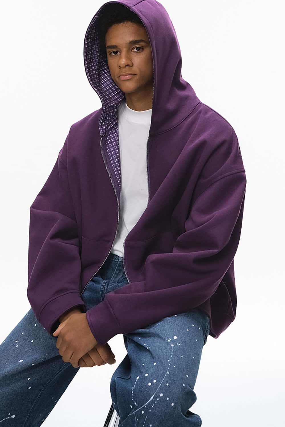 Plaid Contrast Short Hooded Sweatshirt _ Relaxed Fit Zip-Up Casual Jacket