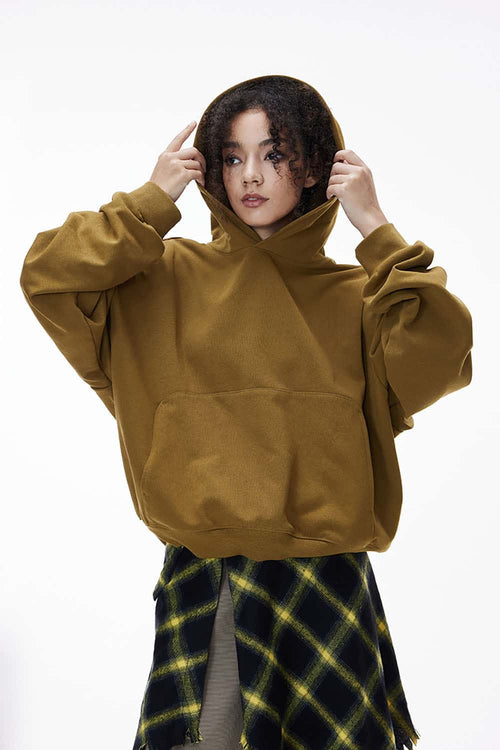 Textured Cropped Pullover Hoodie - Brown