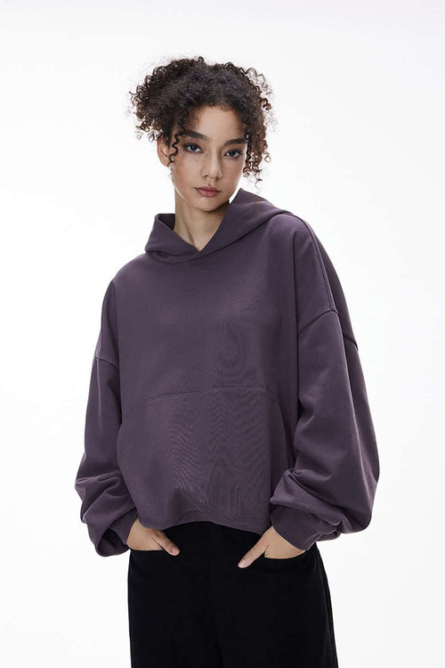 Textured Cropped Pullover Hoodie - Plum Purple