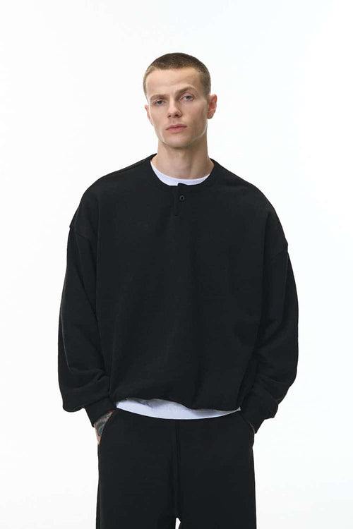 Premium Henley Pullover Sweatshirt - Active Black