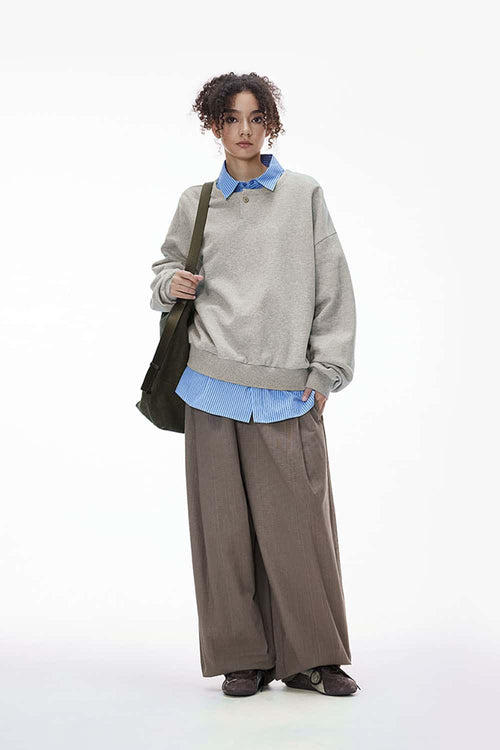 Premium Henley Pullover Sweatshirt - Flower Gray