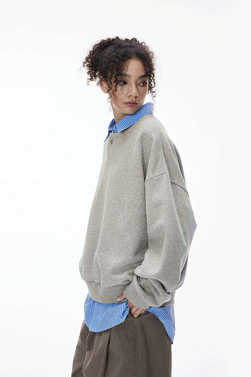 Premium Henley Pullover Sweatshirt - Flower Gray