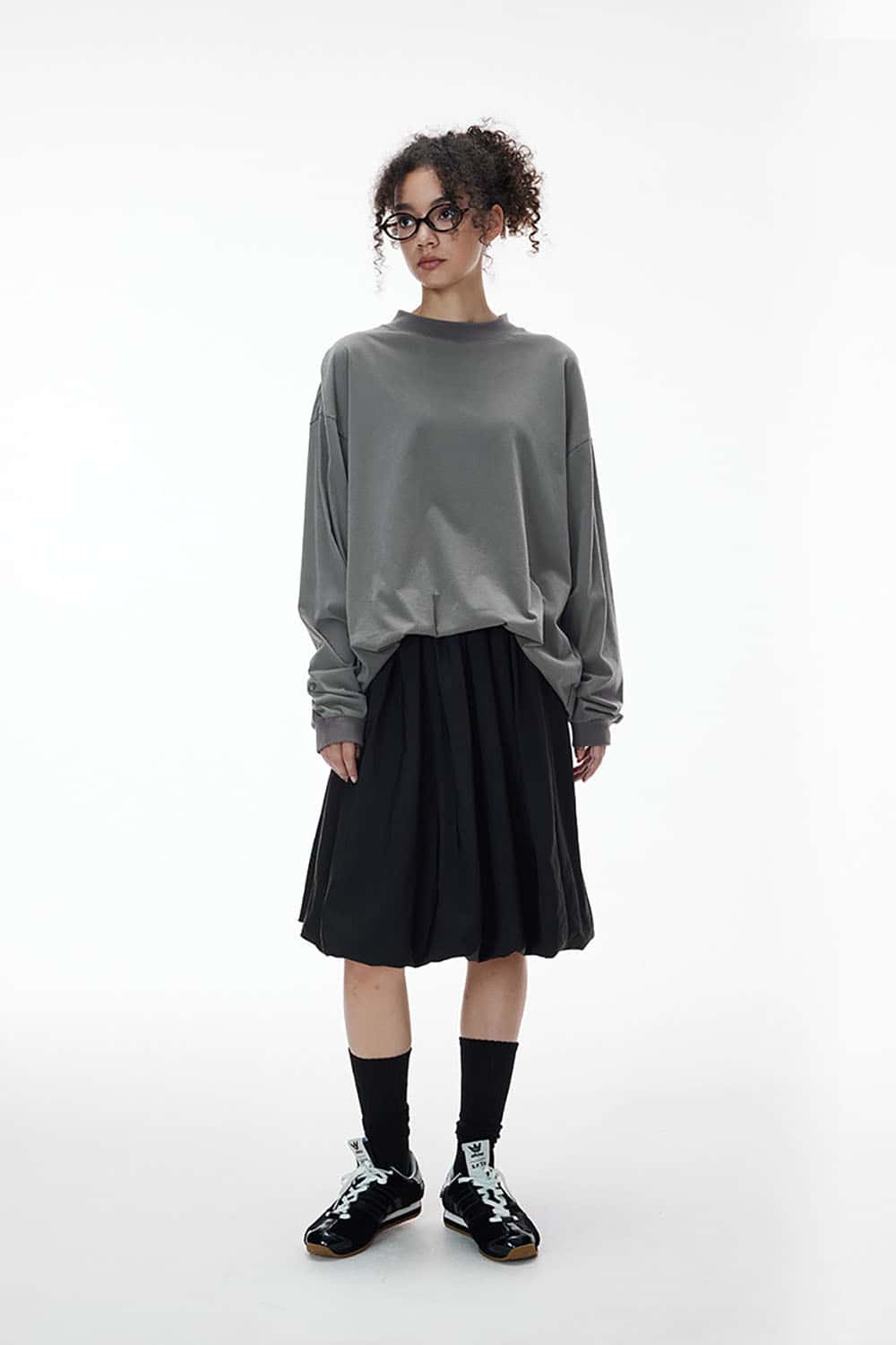 Pima Cotton Linen Blend Long Sleeve T-Shirt _ Solid Color Mock Neck Top