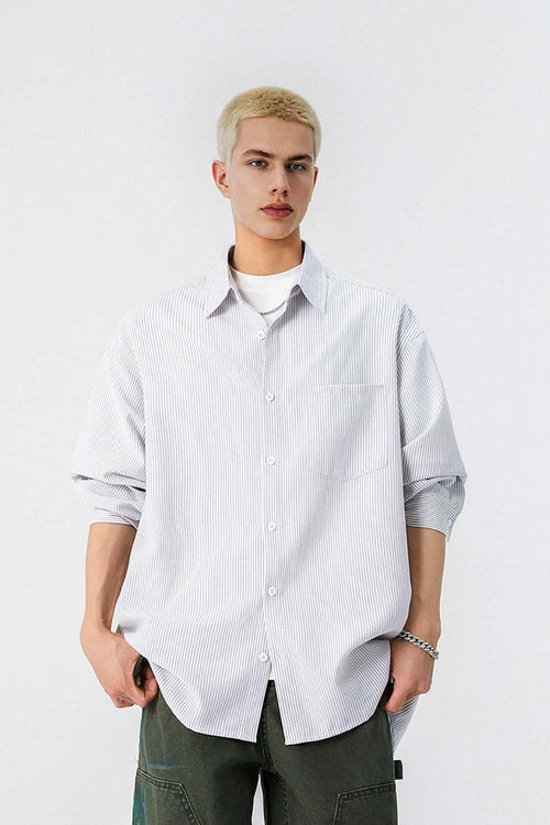 Striped Windproof Shirt Jacket - Gray