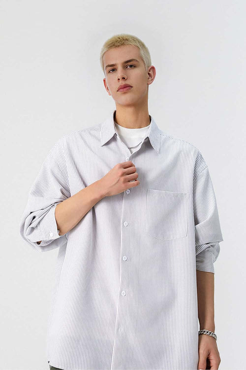 Striped Windproof Shirt Jacket - Gray