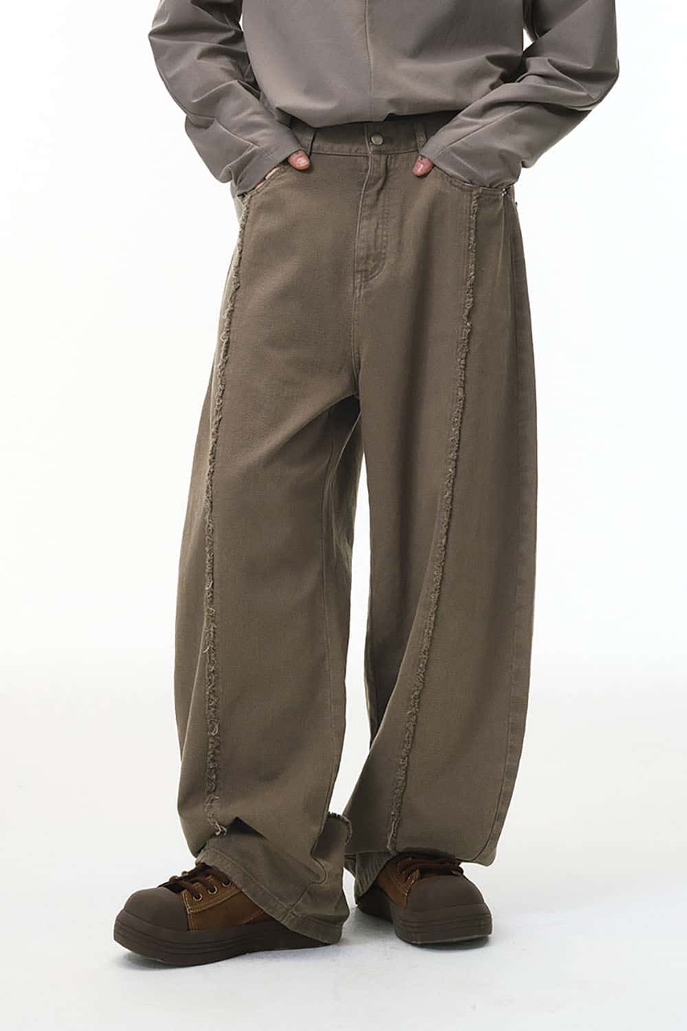 Deconstructed Washed Workwear Pants _ Distressed Raw Edge Relaxed Fit Trousers