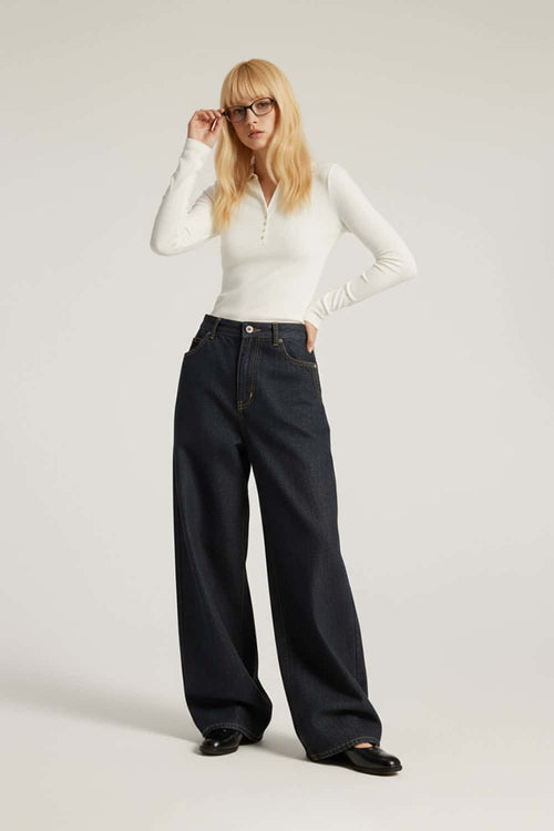 Vintage Wide-Leg Raw Denim Jeans - Blue