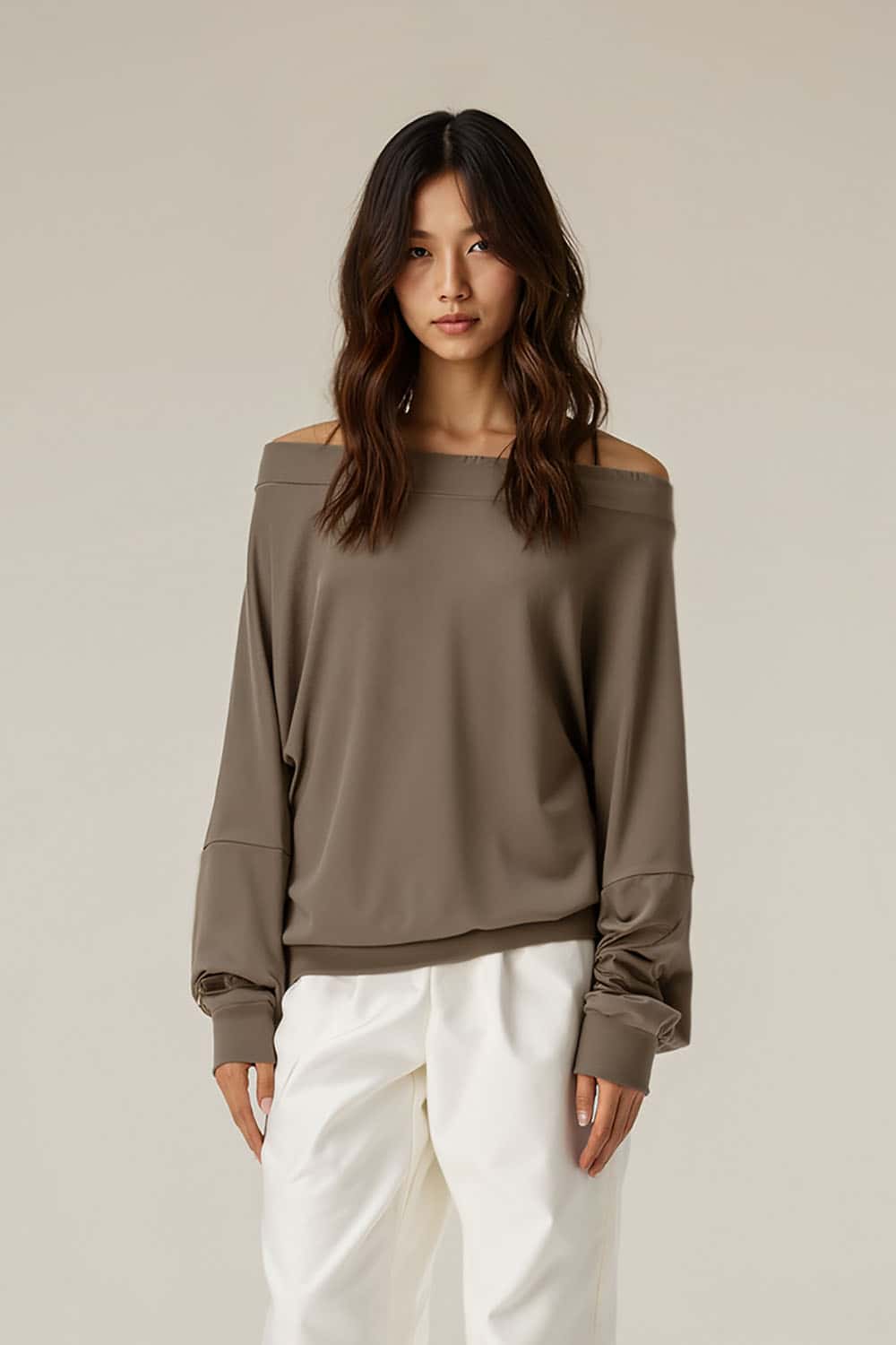 Modal Asymmetric Shoulder Long Sleeve Top _ Fitted Waist Base Layer Tee