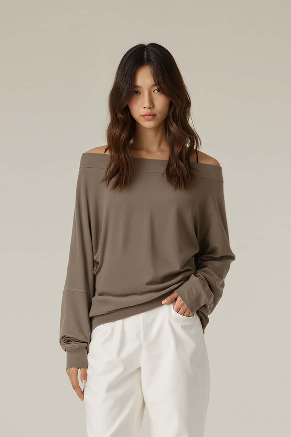 Modal Asymmetric Shoulder Long Sleeve Top _ Fitted Waist Base Layer Tee