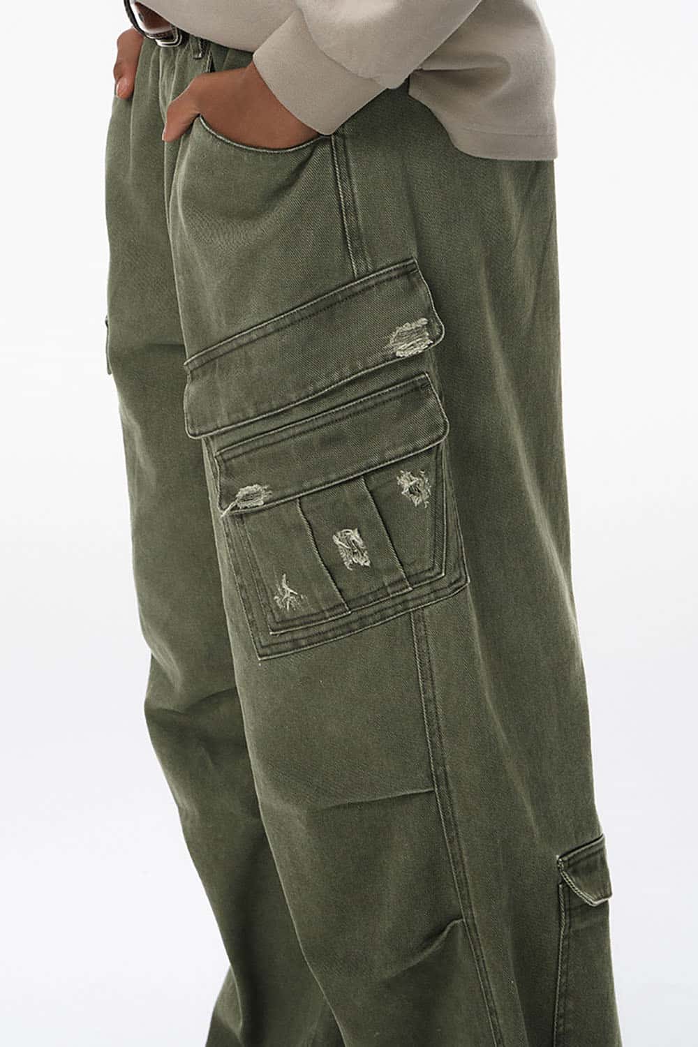 Distressed Washed Multi-Pocket Cargo Pants _ Vintage Loose Fit Utility Trousers