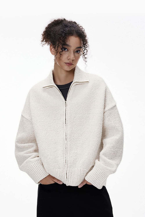 Stand-Collar Knit Jacket - Beige