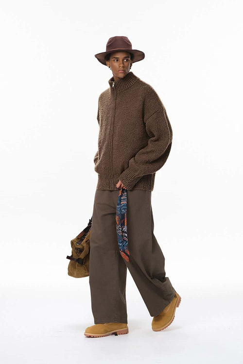 Stand-Collar Knit Jacket - Brown