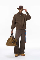 Stand-Collar Knit Jacket - Brown