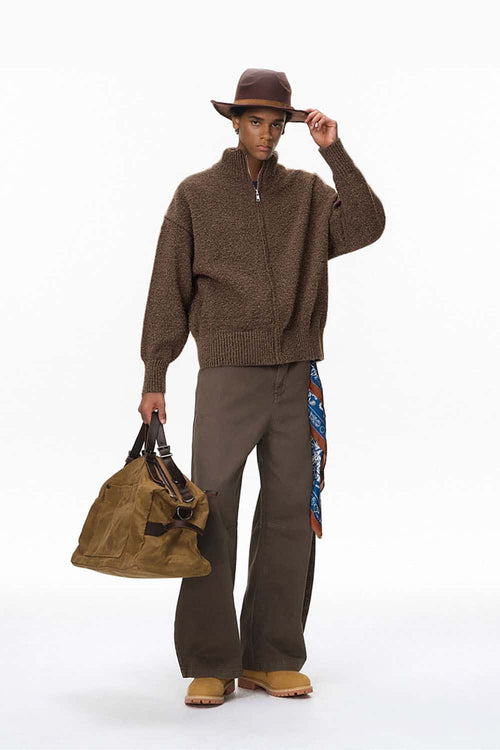 Stand-Collar Knit Jacket - Brown