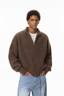 Stand-Collar Knit Jacket - Brown
