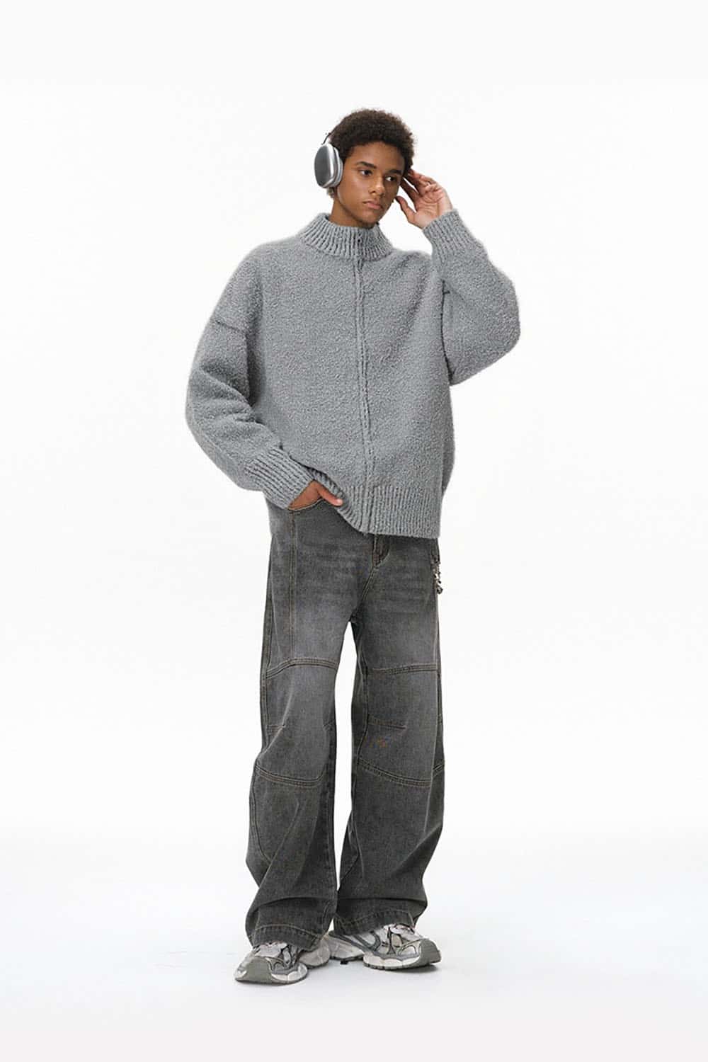 Vintage Stand Collar Knit Sweater Jacket _ Warm Retro Zip-Up Cardigan