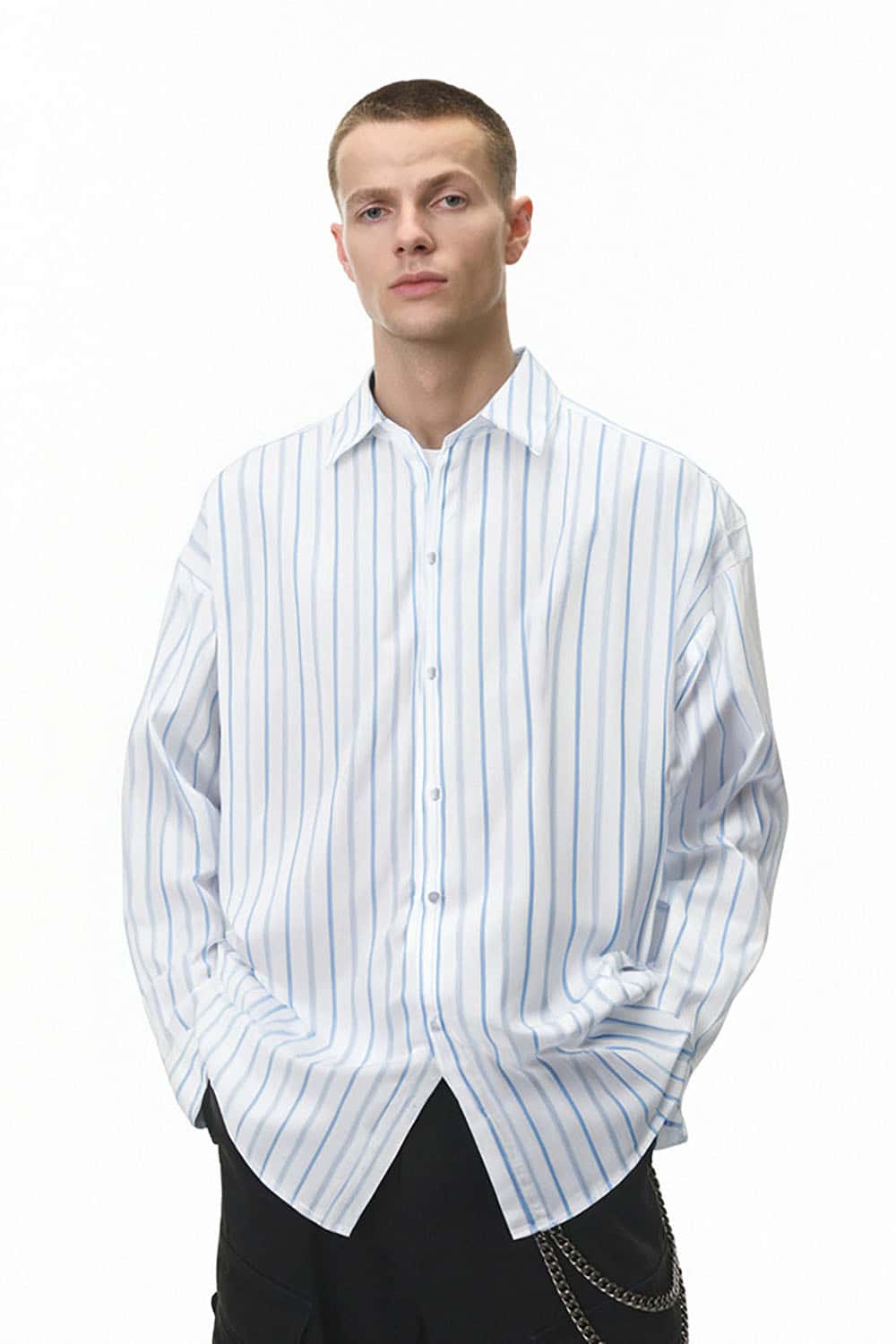 Minimal Stripe Button-Up Shirt _ Casual Relaxed Fit Long Sleeve Top