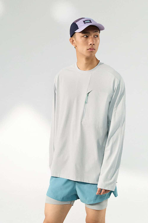 Contrast Zip Quick-Dry Long Sleeve Tee - Light Gray