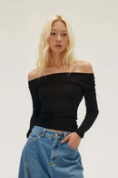 Lyocell-Wool Boatneck Long Sleeve Tee - Black