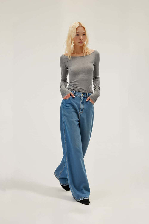 Lyocell-Wool Boatneck Long Sleeve Tee - Flower Gray