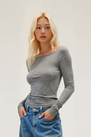 Lyocell-Wool Boatneck Long Sleeve Tee - Flower Gray