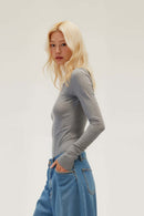 Lyocell-Wool Boatneck Long Sleeve Tee - Flower Gray
