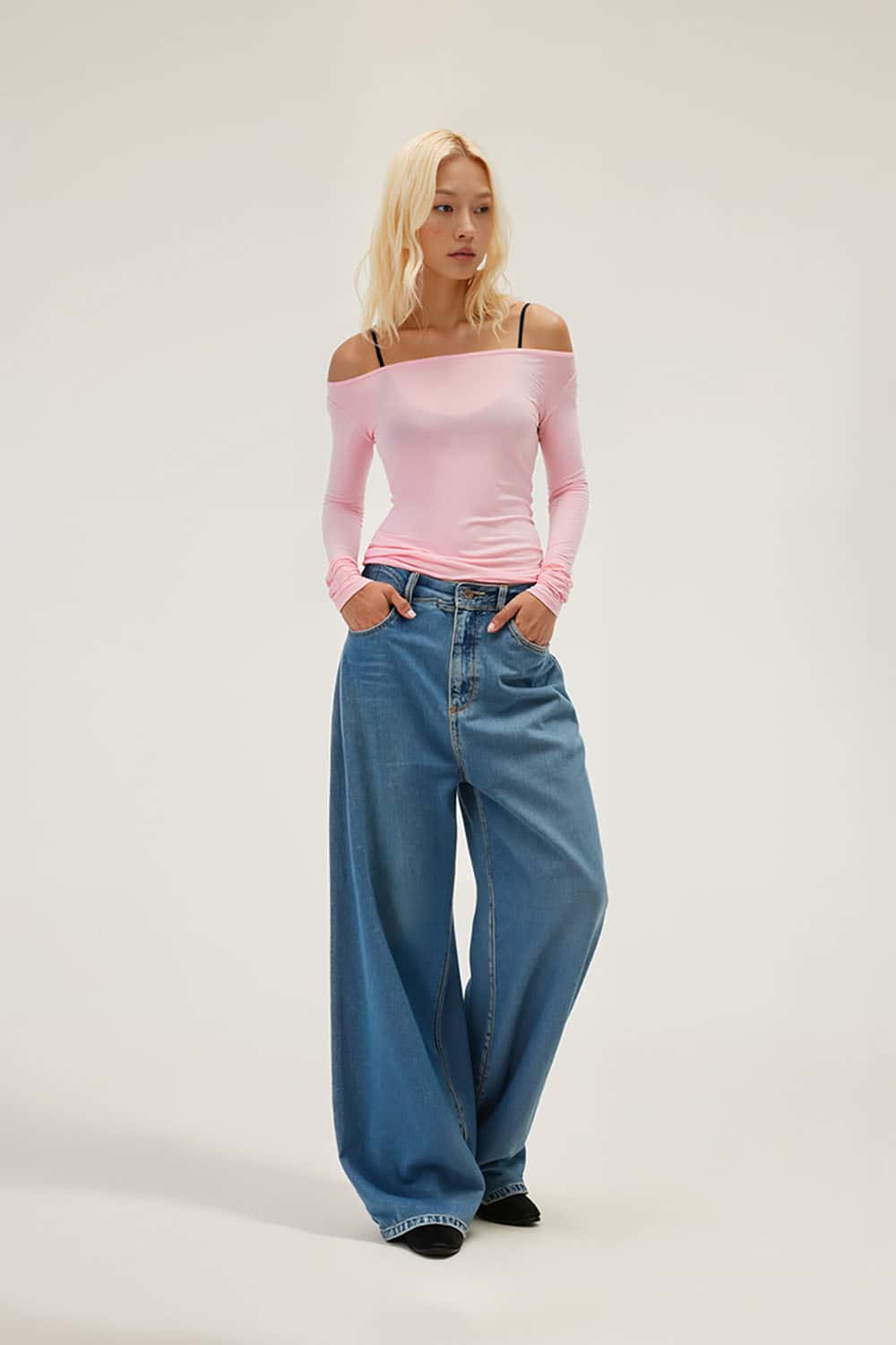 Tencel Wool Blend Boat Neck Top _ Slim Fit Off-Shoulder Long Sleeve Tee